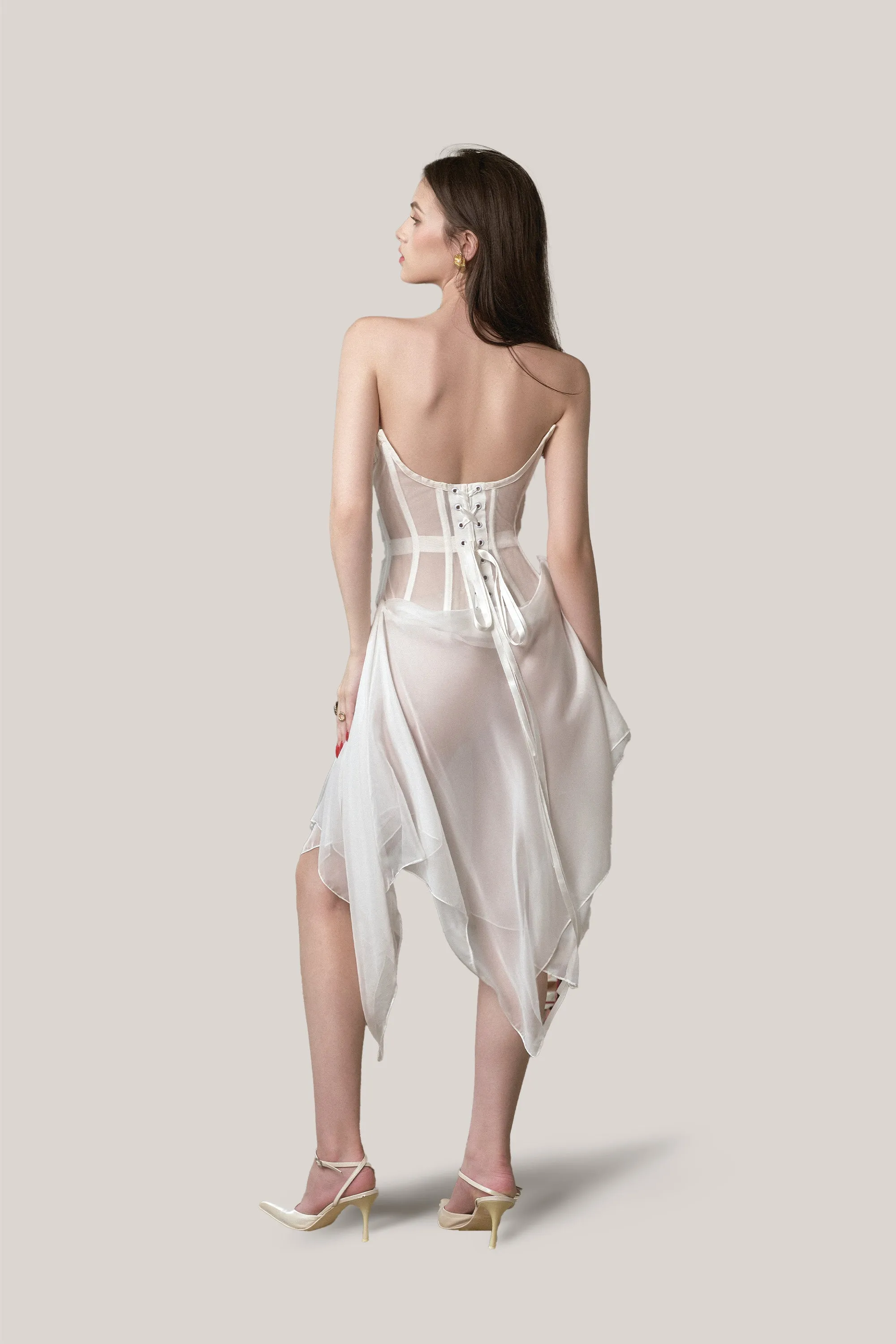 LA VIERGE • White Bianca Chiffon Draped Midi Dress