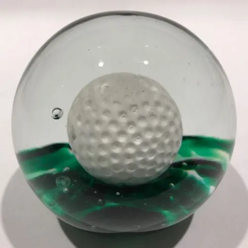 Large Vintage Elwood Ind Art Glass Sulphide Paperweight Golf Ball Green Ground