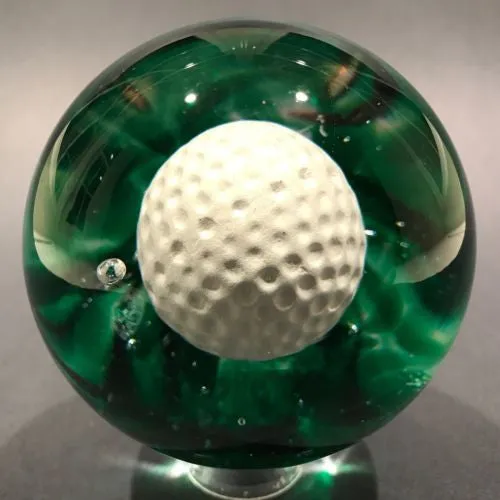 Large Vintage Elwood Ind Art Glass Sulphide Paperweight Golf Ball Green Ground