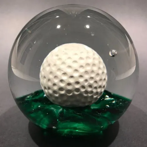 Large Vintage Elwood Ind Art Glass Sulphide Paperweight Golf Ball Green Ground