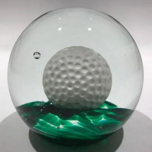 Large Vintage Elwood Ind Art Glass Sulphide Paperweight Golf Ball Green Ground