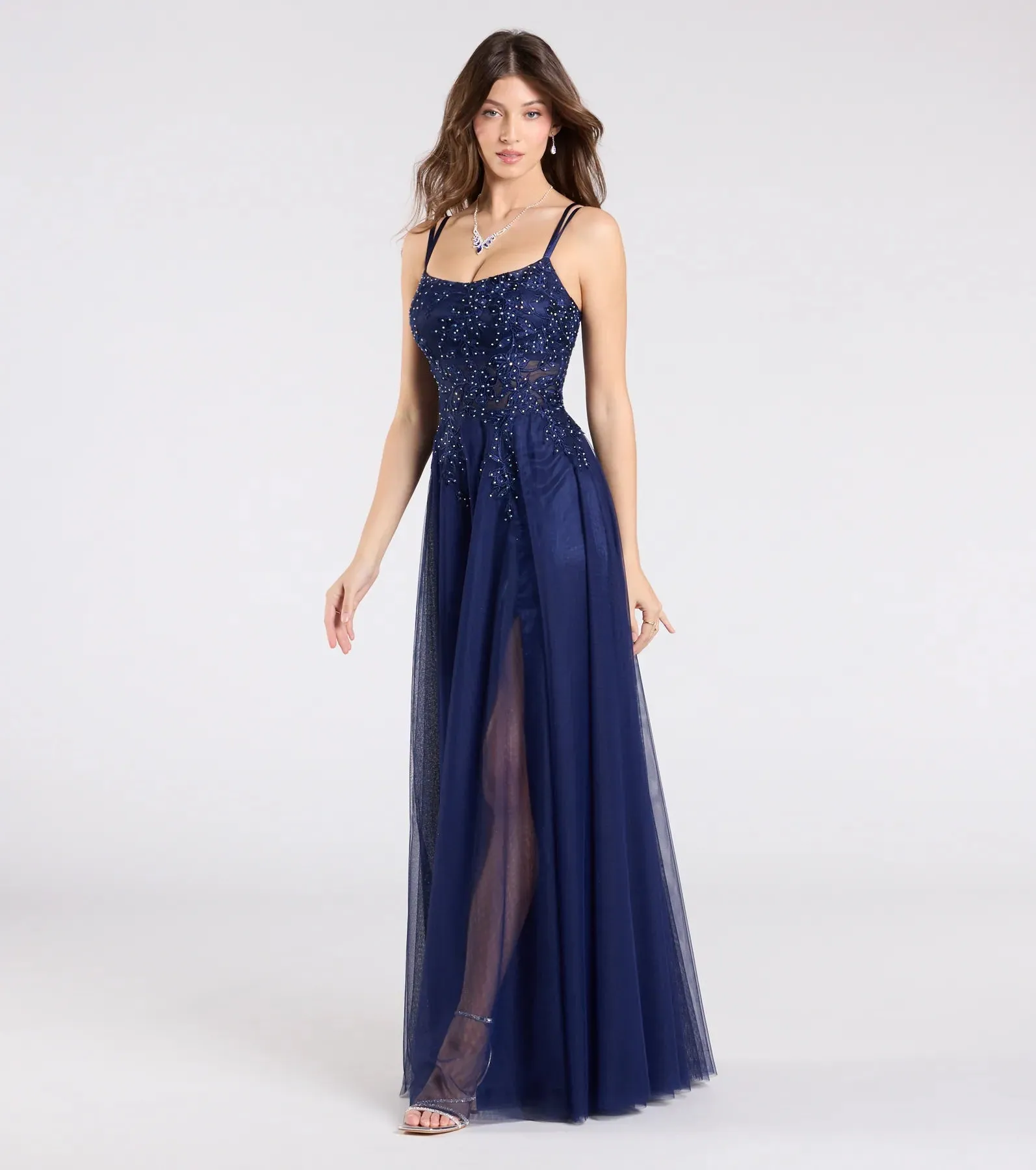 Leslie Floral Applique Lace Up A-Line Formal Dress