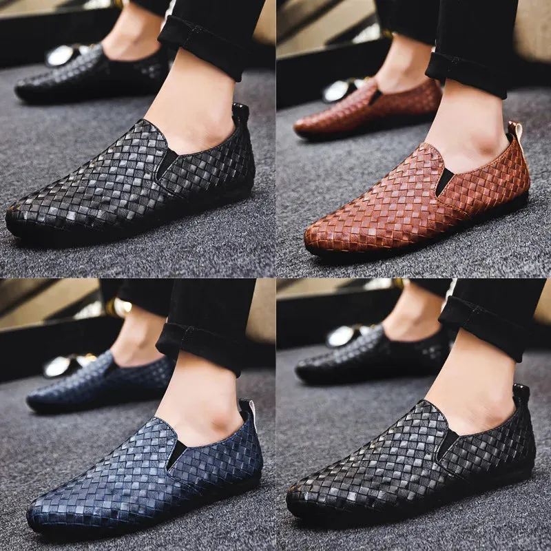 Lightweight Bean Shoes Men's Non slip flat Casual Shoes comfortableKnitted Leather Lazy Shoes