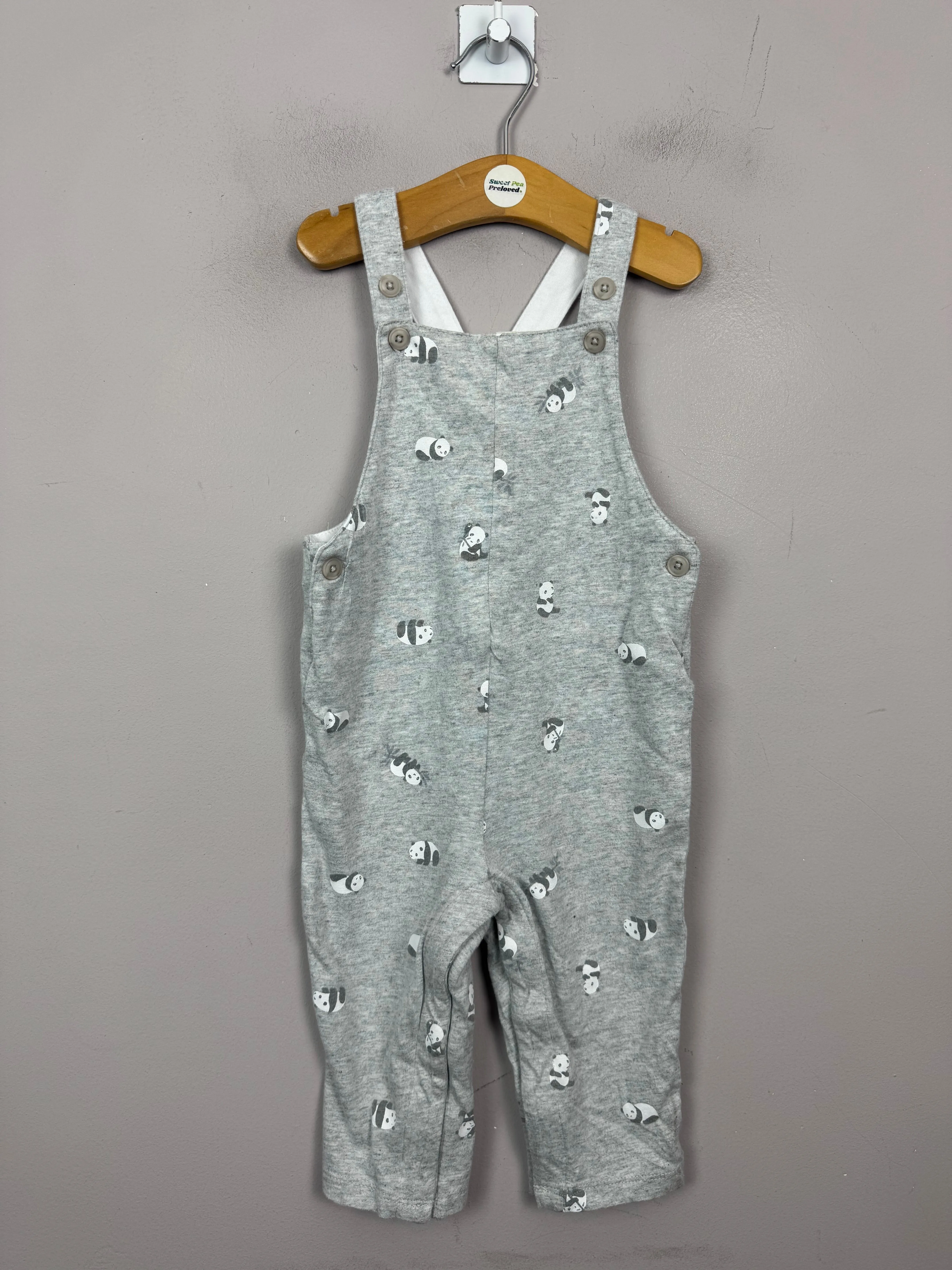 Little White Company panda Dungarees 9-12m