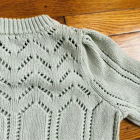 Madewell Crochet Pointelle Puff-Sleeve Sweater Sage Mist Pastel Small