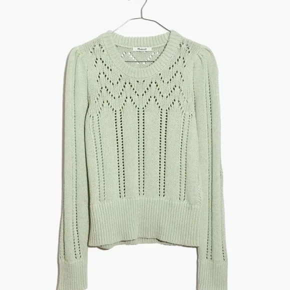 Madewell Crochet Pointelle Puff-Sleeve Sweater Sage Mist Pastel Small