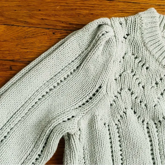 Madewell Crochet Pointelle Puff-Sleeve Sweater Sage Mist Pastel Small