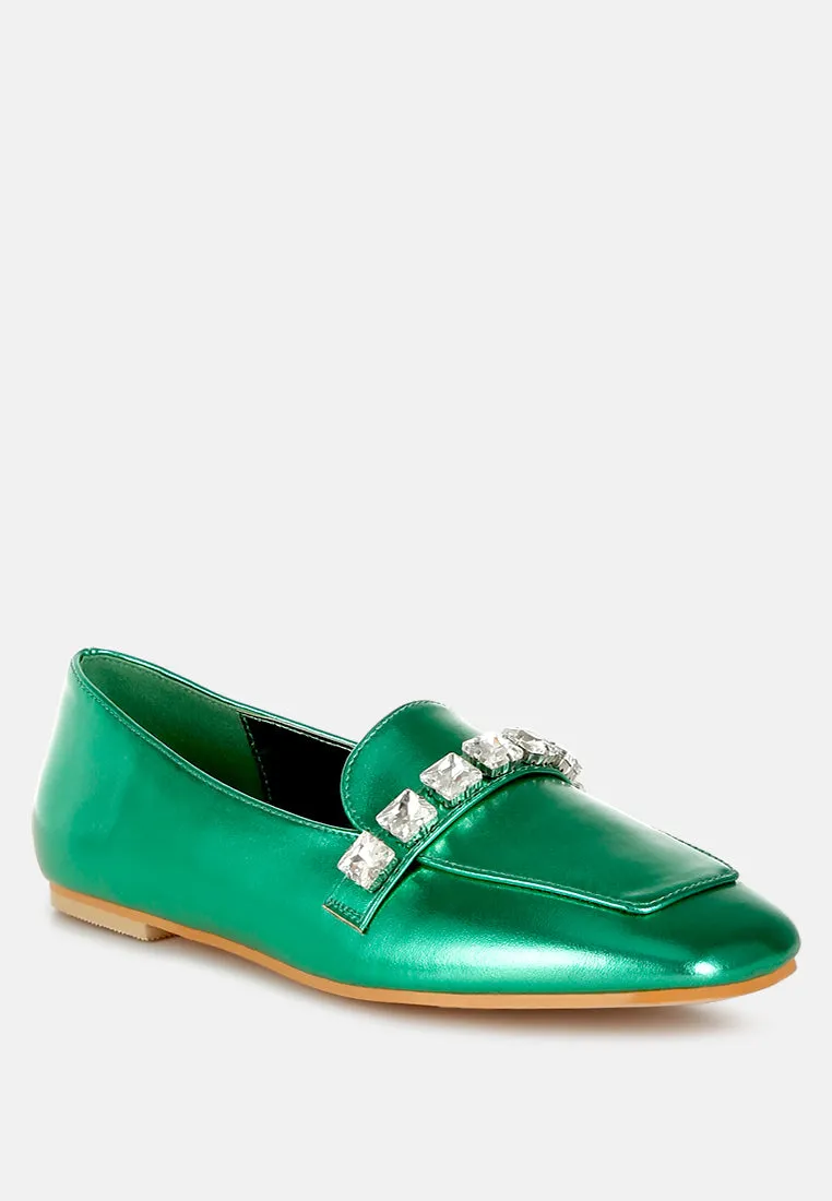 Metallic Diamante Strap Loafers by RUW