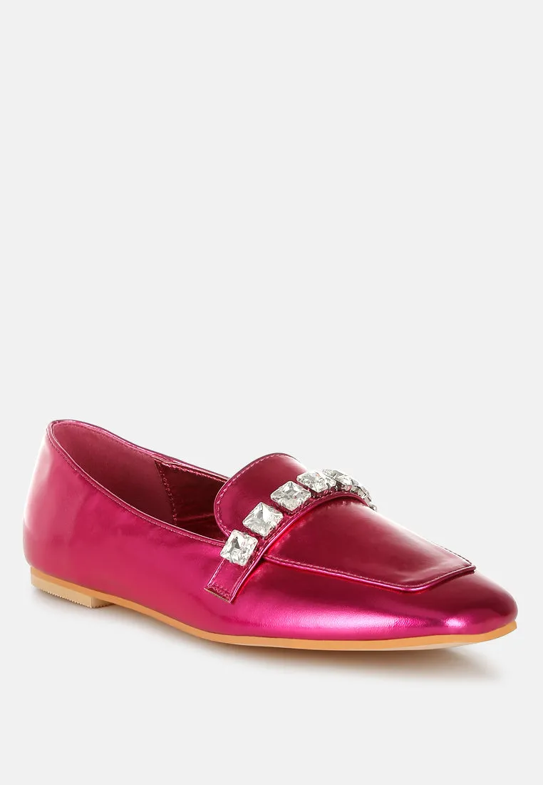 Metallic Diamante Strap Loafers by RUW