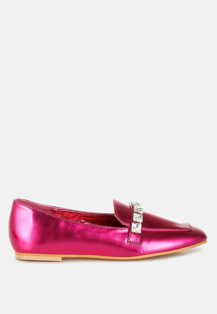 Metallic Diamante Strap Loafers by RUW