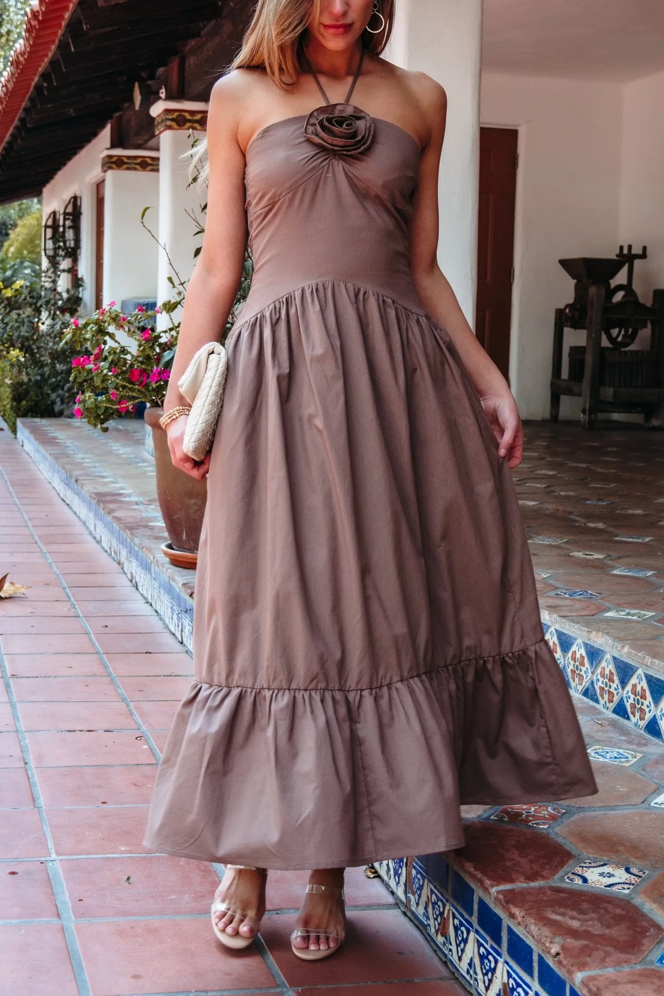 Mocha Rosette Detail Halter Tiered Maxi Dress