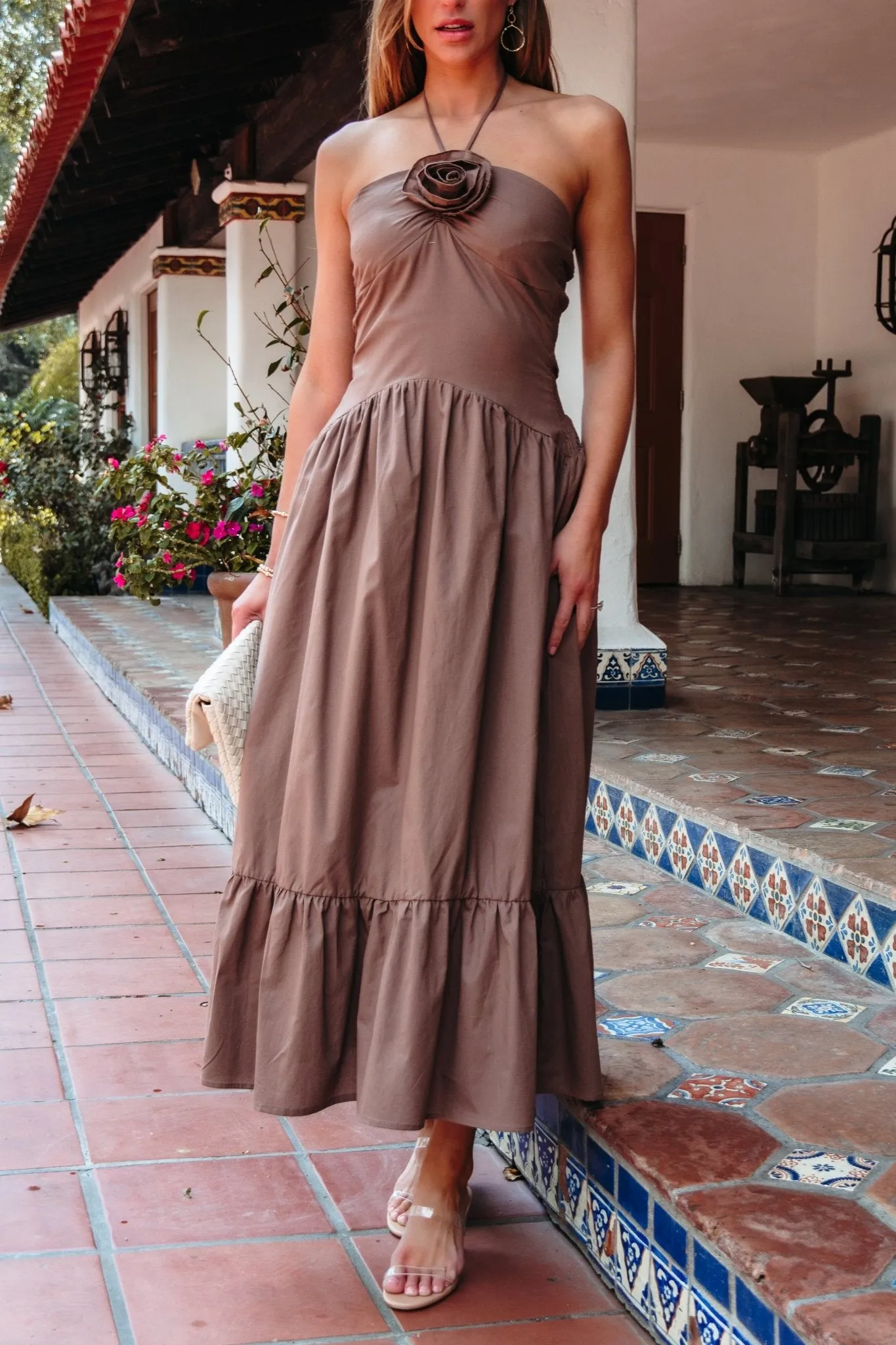 Mocha Rosette Detail Halter Tiered Maxi Dress