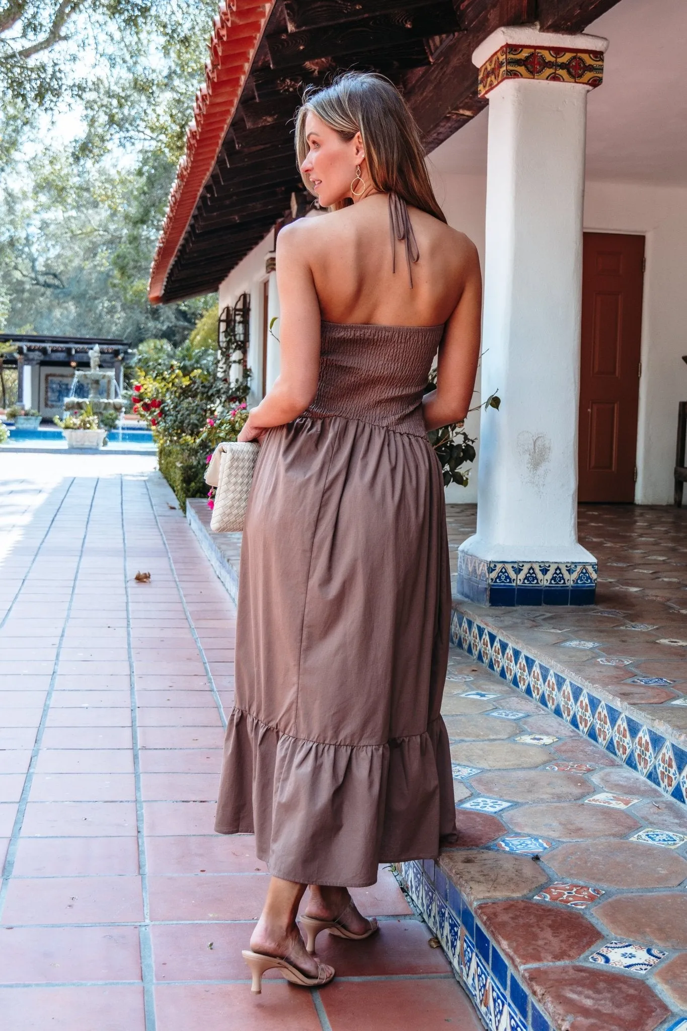 Mocha Rosette Detail Halter Tiered Maxi Dress