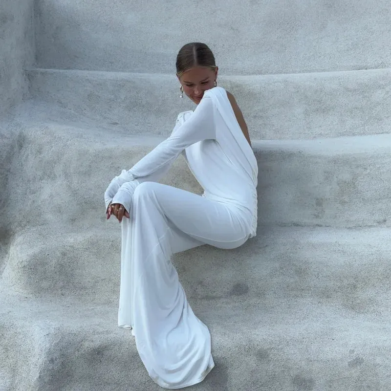 Obsidian Phoenix Backless White Long Sleeve Dress - Slim Fit, Pleated Elegant Design, Round Neck Evening Gown
