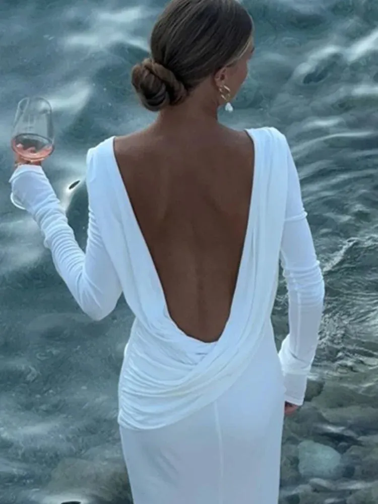 Obsidian Phoenix Backless White Long Sleeve Dress - Slim Fit, Pleated Elegant Design, Round Neck Evening Gown