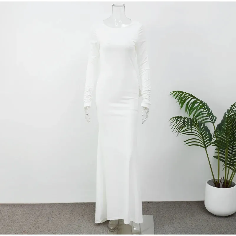 Obsidian Phoenix Backless White Long Sleeve Dress - Slim Fit, Pleated Elegant Design, Round Neck Evening Gown