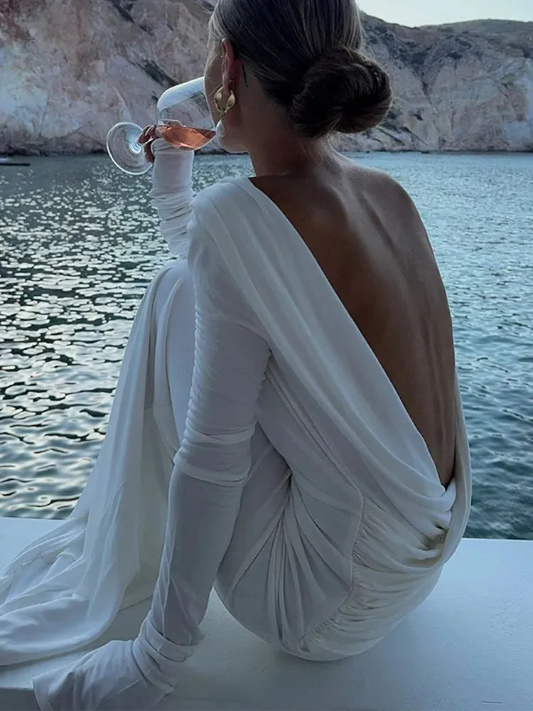 Obsidian Phoenix Backless White Long Sleeve Dress - Slim Fit, Pleated Elegant Design, Round Neck Evening Gown