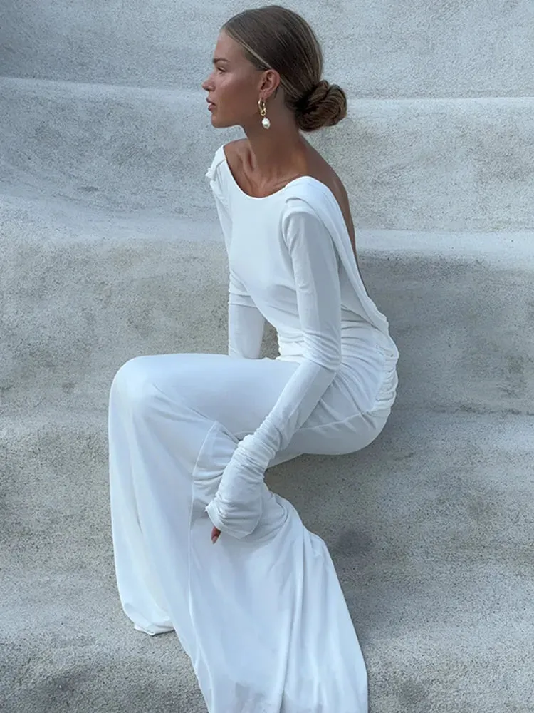 Obsidian Phoenix Backless White Long Sleeve Dress - Slim Fit, Pleated Elegant Design, Round Neck Evening Gown