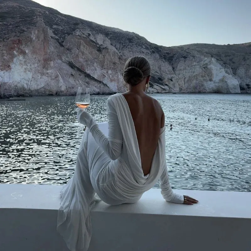 Obsidian Phoenix Backless White Long Sleeve Dress - Slim Fit, Pleated Elegant Design, Round Neck Evening Gown