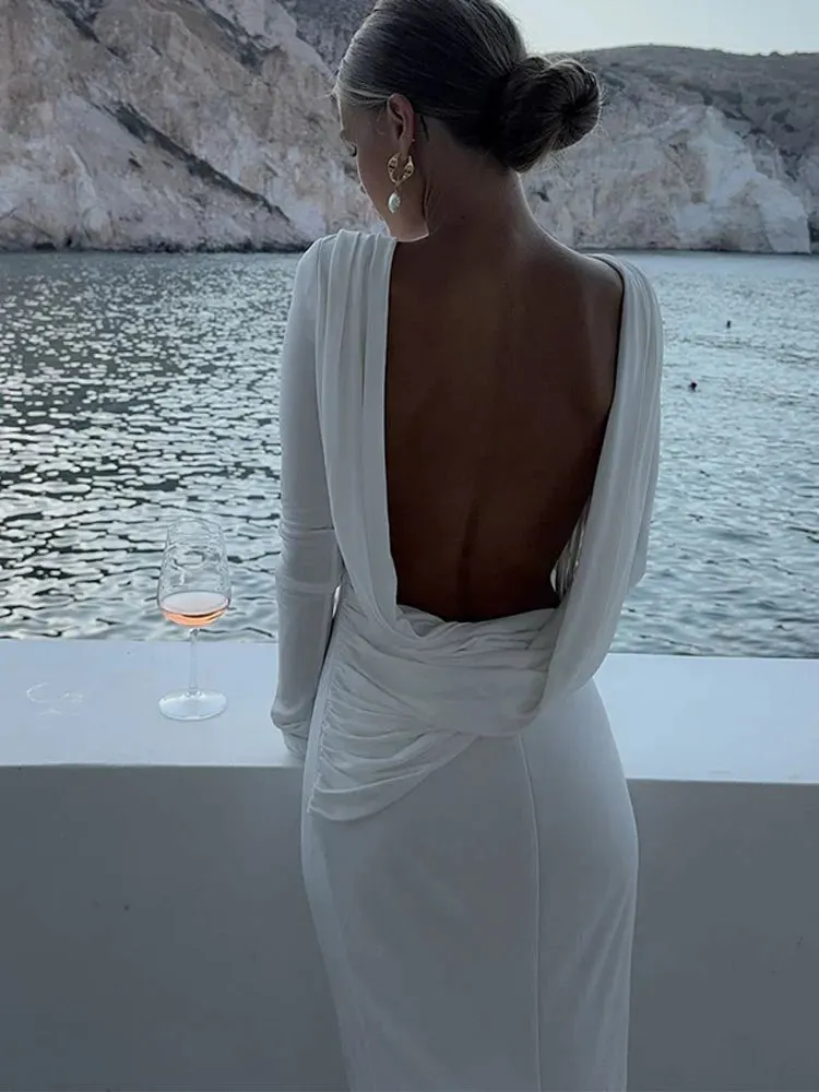 Obsidian Phoenix Backless White Long Sleeve Dress - Slim Fit, Pleated Elegant Design, Round Neck Evening Gown