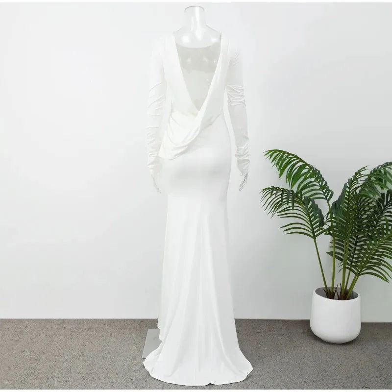 Obsidian Phoenix Backless White Long Sleeve Dress - Slim Fit, Pleated Elegant Design, Round Neck Evening Gown