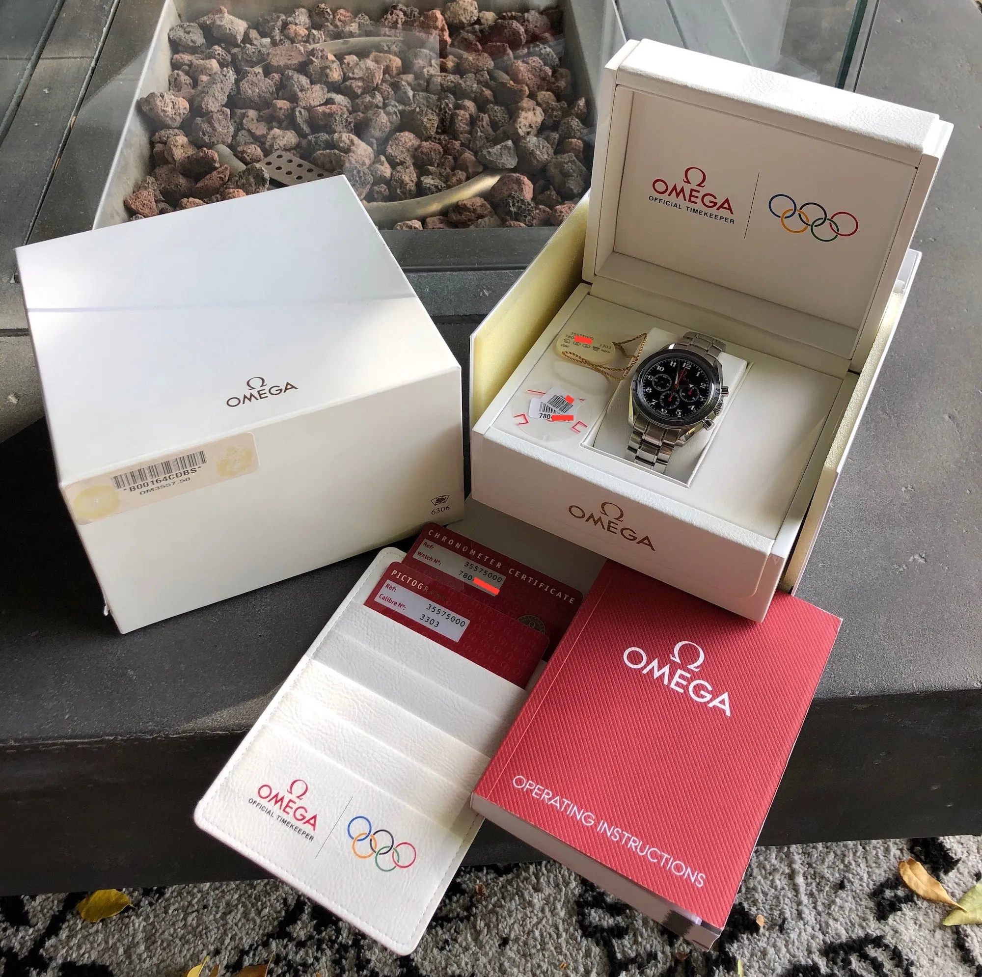 Omega 3557.50.00 Speedmaster Broad Arrow Olympic Collection Chronograph Wristwatch Box Papers