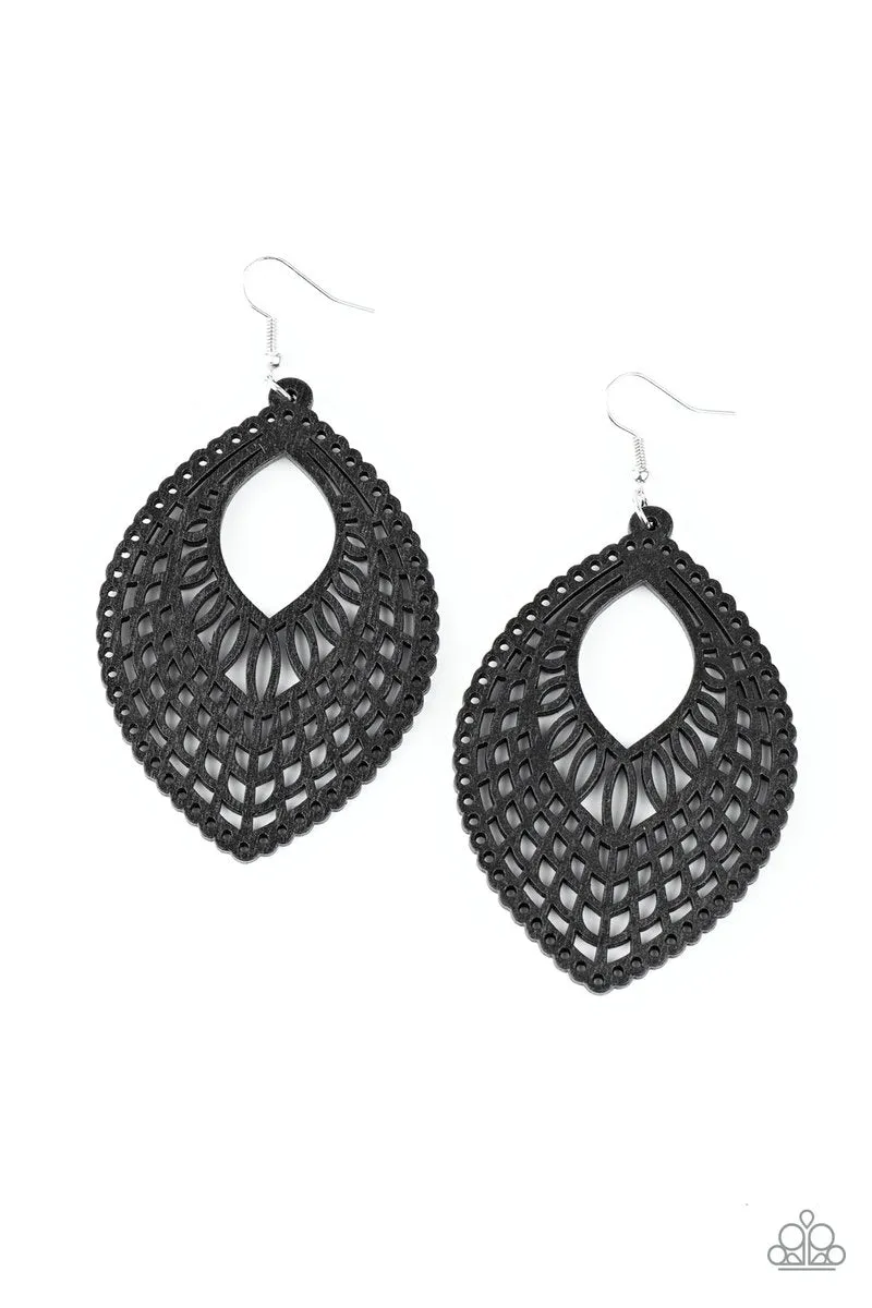 Paparazzi " One Beach at a Time " Stenciled Cutout Teardrop Black Wood Earrings