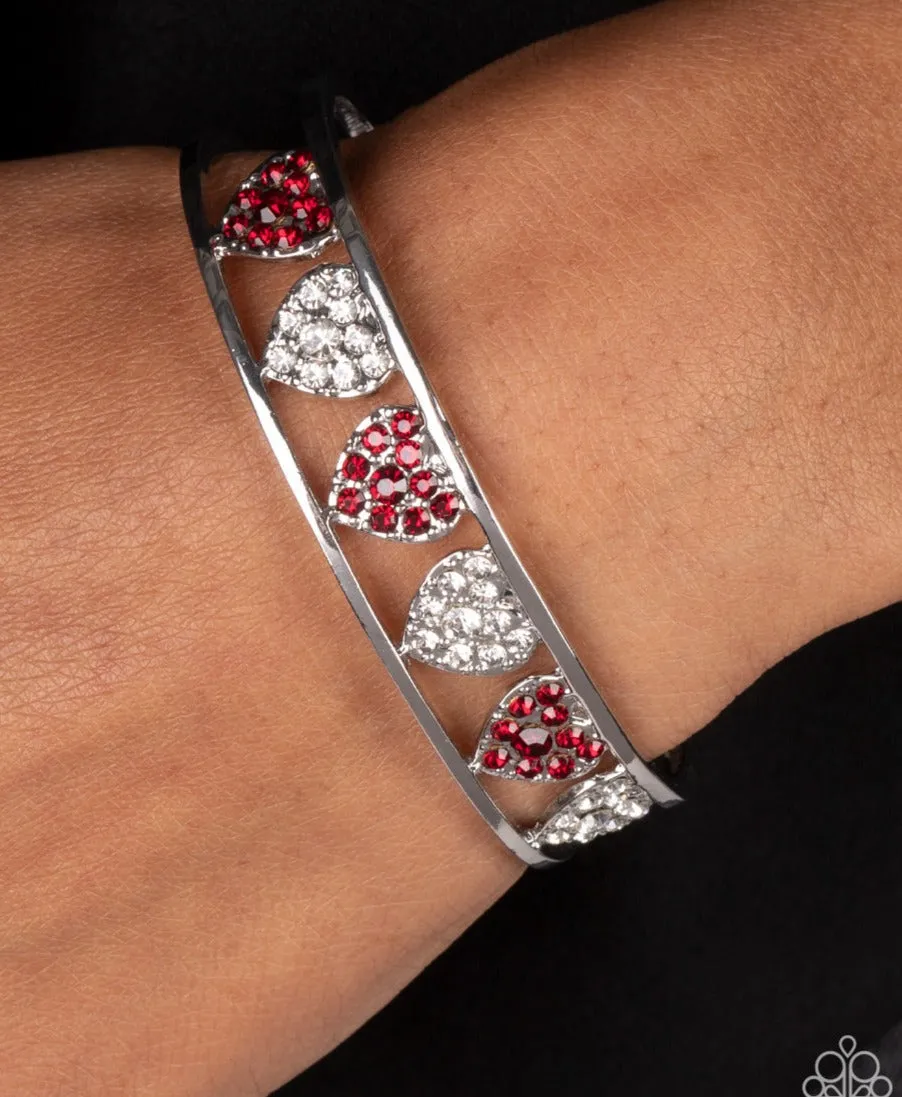 Paparazzi "Decadent Devotion" Silver Metal & Red/Clear Rhinestone Multi Heart Cuff Bracelet