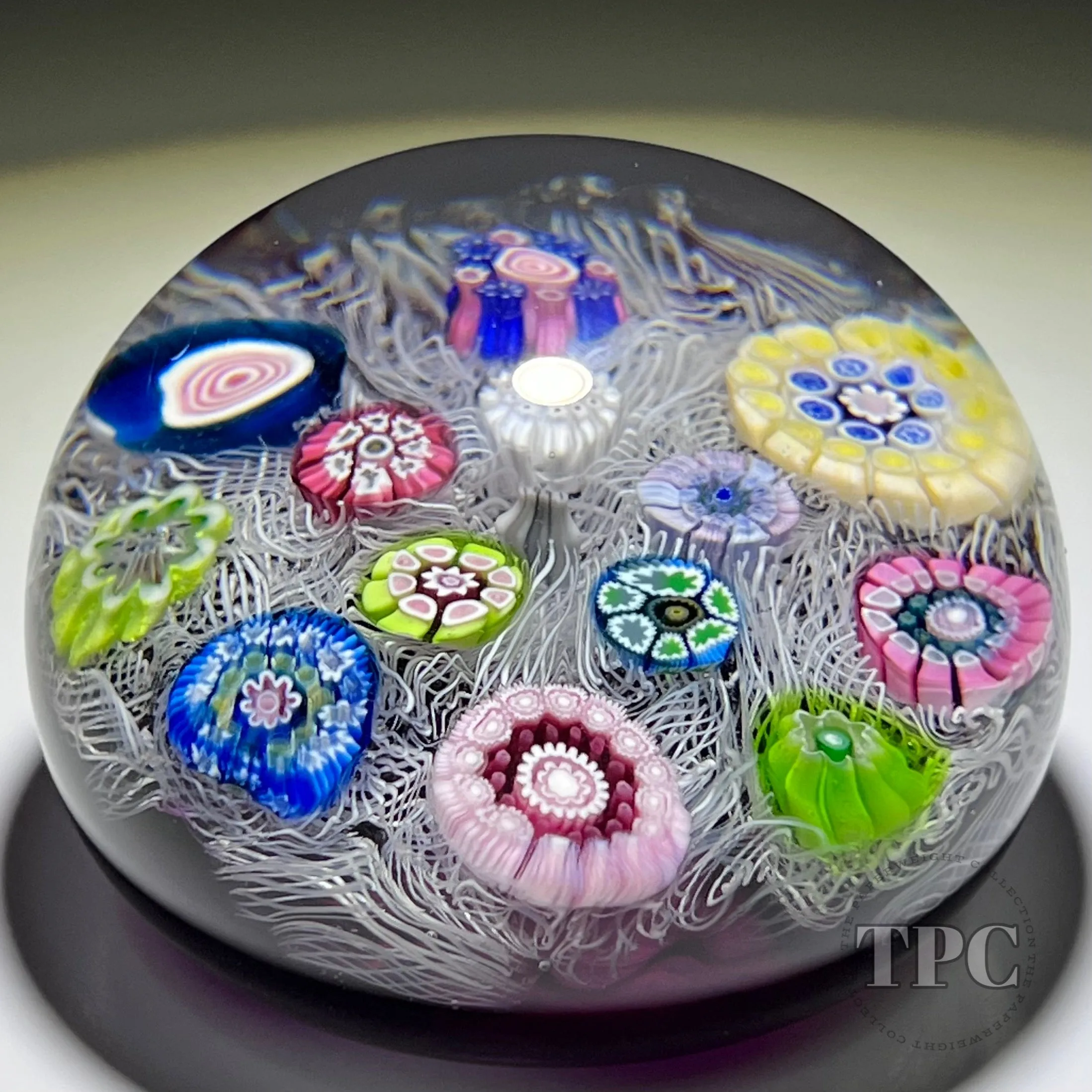 Perthshire Paperweights 1971 PP12 Open Concentric Millefiori on Upset White Muslin with Transparent Purple Ground