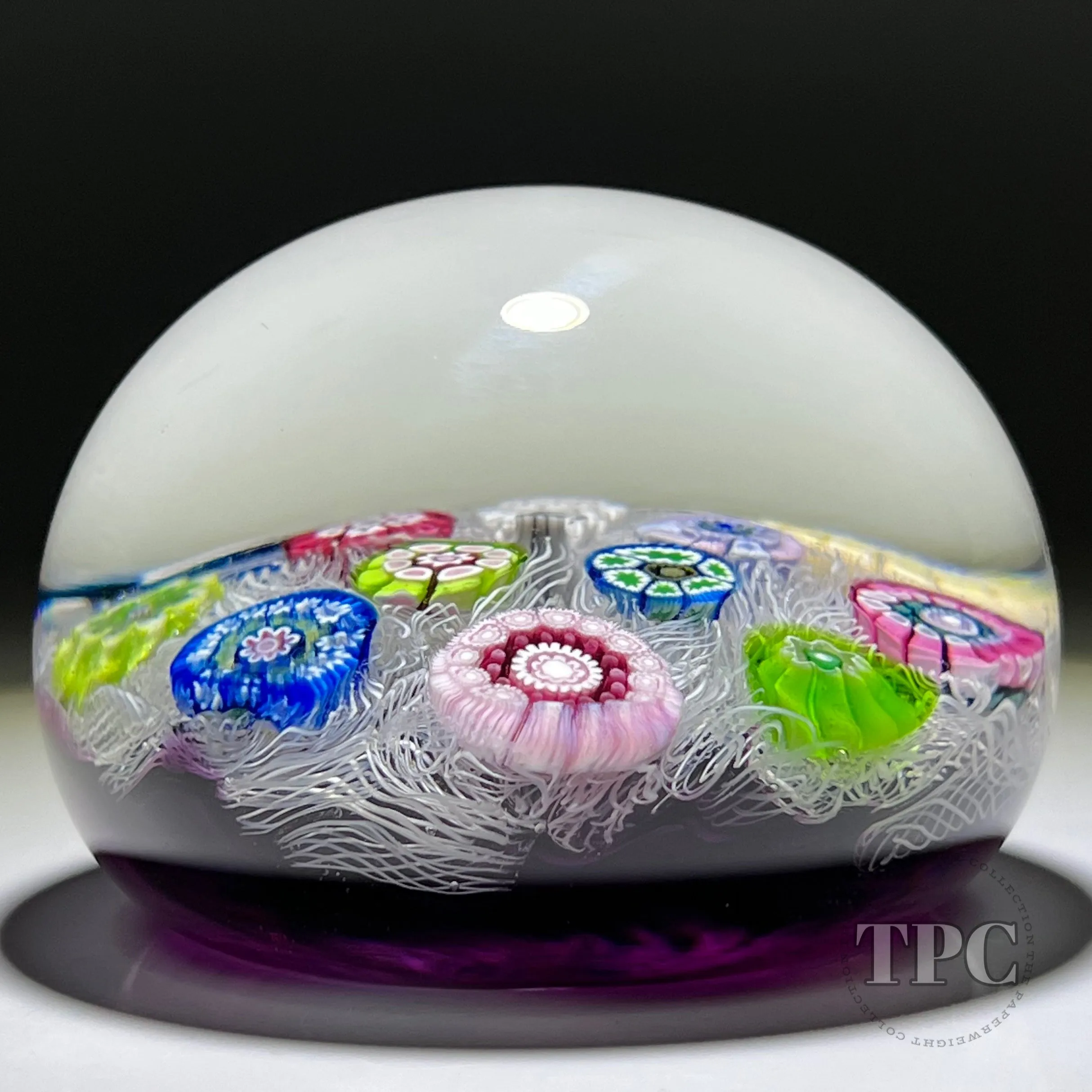 Perthshire Paperweights 1971 PP12 Open Concentric Millefiori on Upset White Muslin with Transparent Purple Ground