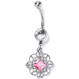 Pink Clear Gem Filigree Fantasy Dangle Belly Ring