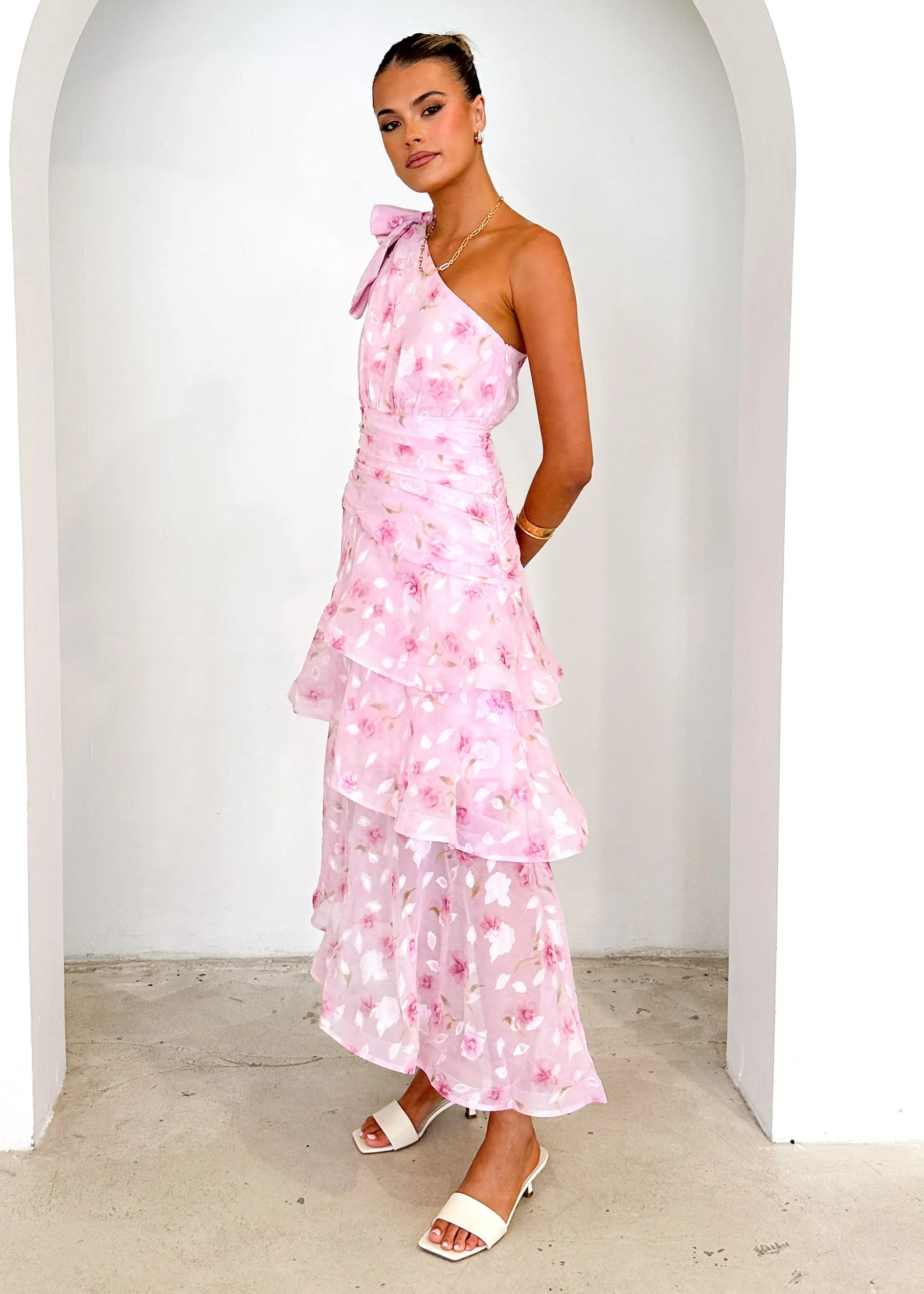 Pinnie One Shoulder Midi Dress - Pink Floral