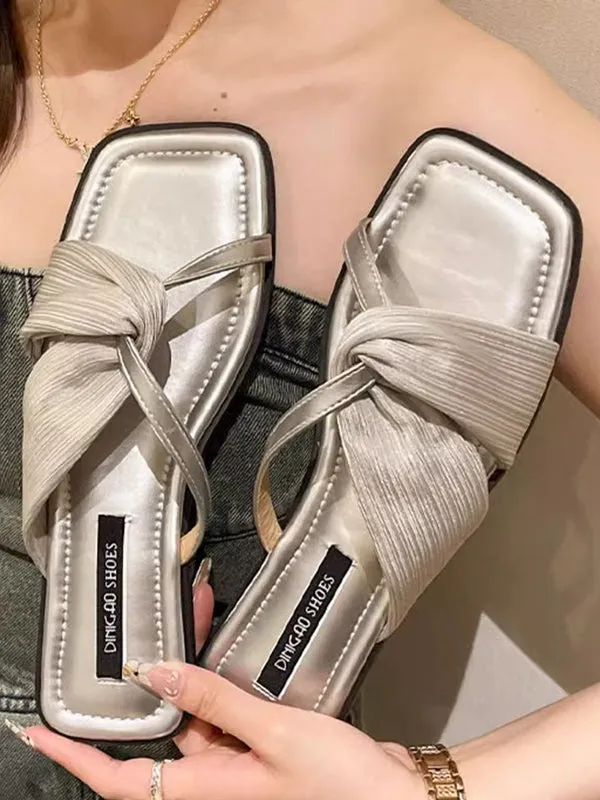 Pleated Split-Joint Square-Toe Slippers Sandals