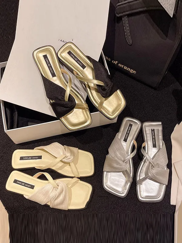 Pleated Split-Joint Square-Toe Slippers Sandals