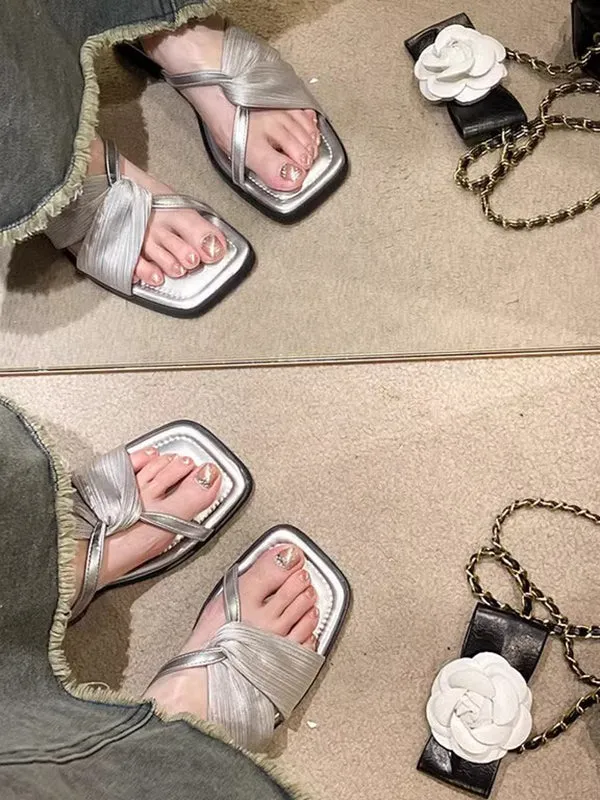 Pleated Split-Joint Square-Toe Slippers Sandals