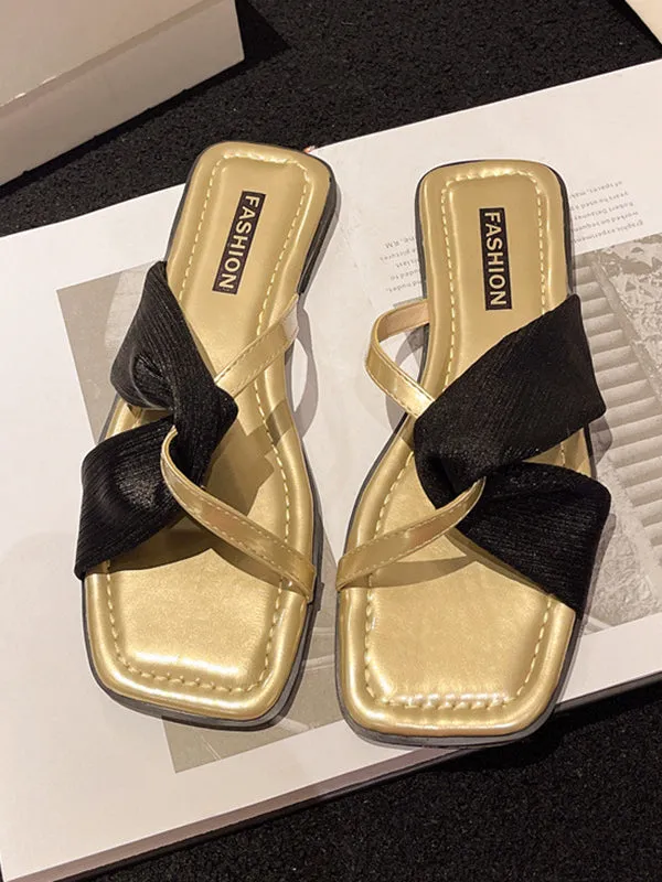 Pleated Split-Joint Square-Toe Slippers Sandals