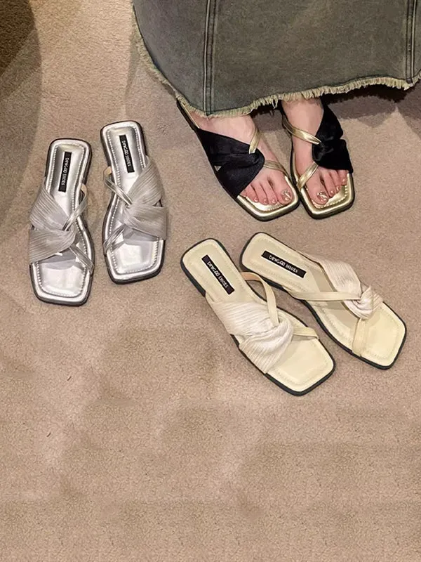 Pleated Split-Joint Square-Toe Slippers Sandals