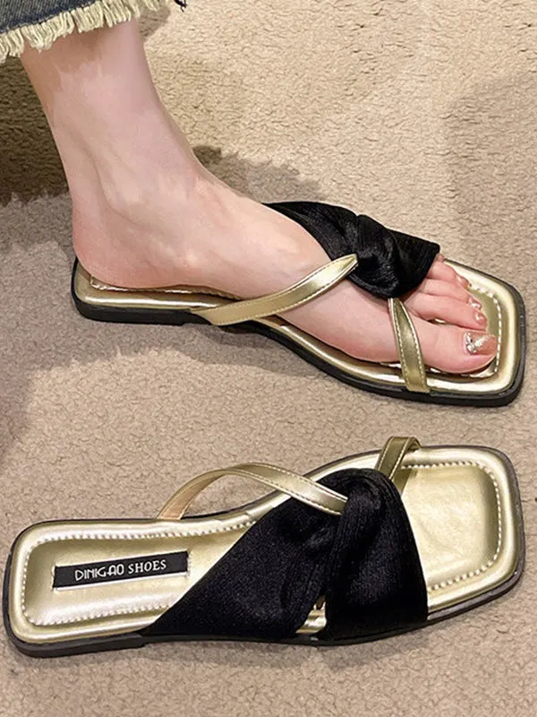 Pleated Split-Joint Square-Toe Slippers Sandals