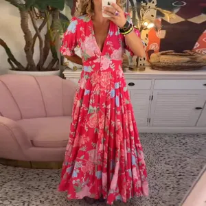 Popular maxi dress with short sleeves and print