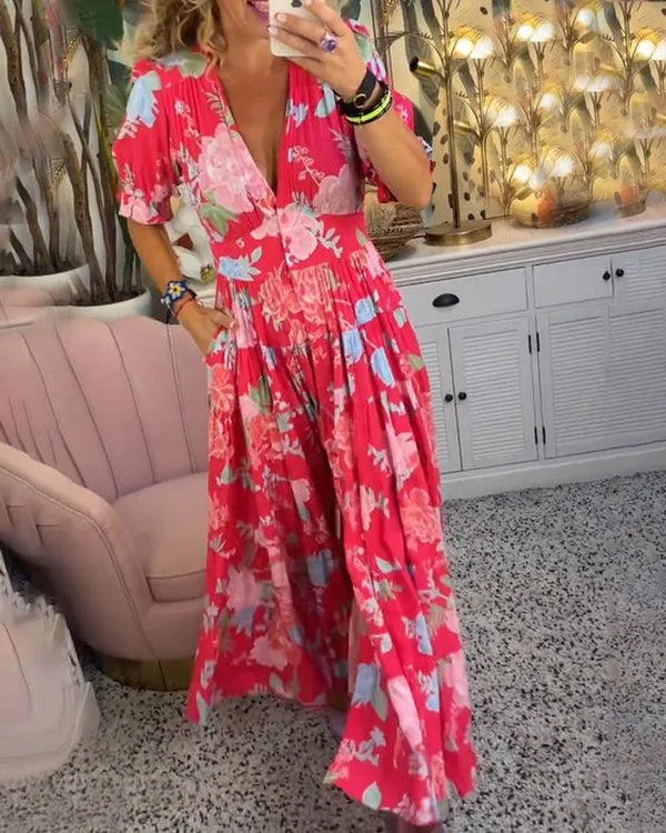 Popular maxi dress with short sleeves and print