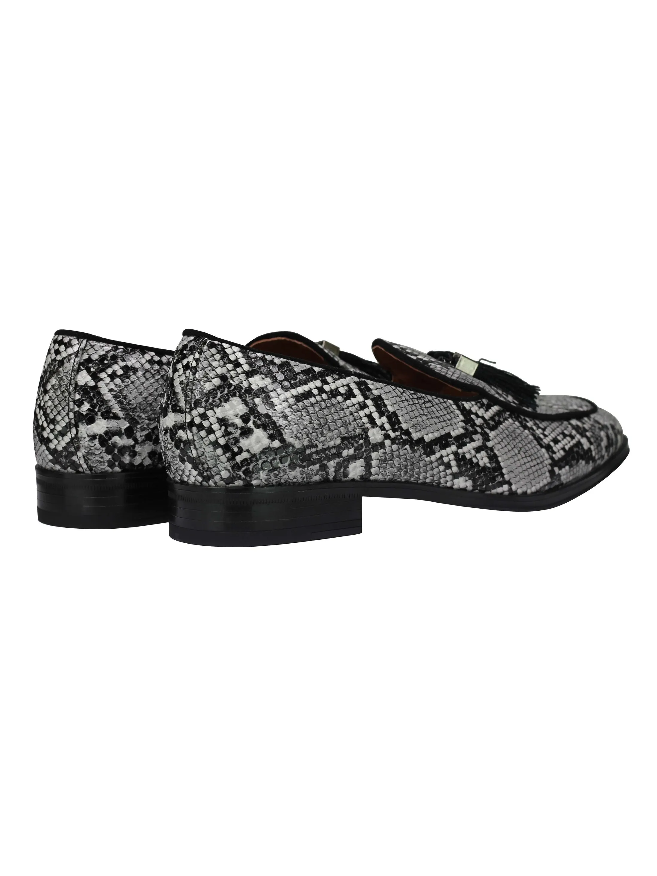 PRINTED EFFECT TASSEL LOAFERS IN BLACK WHITE