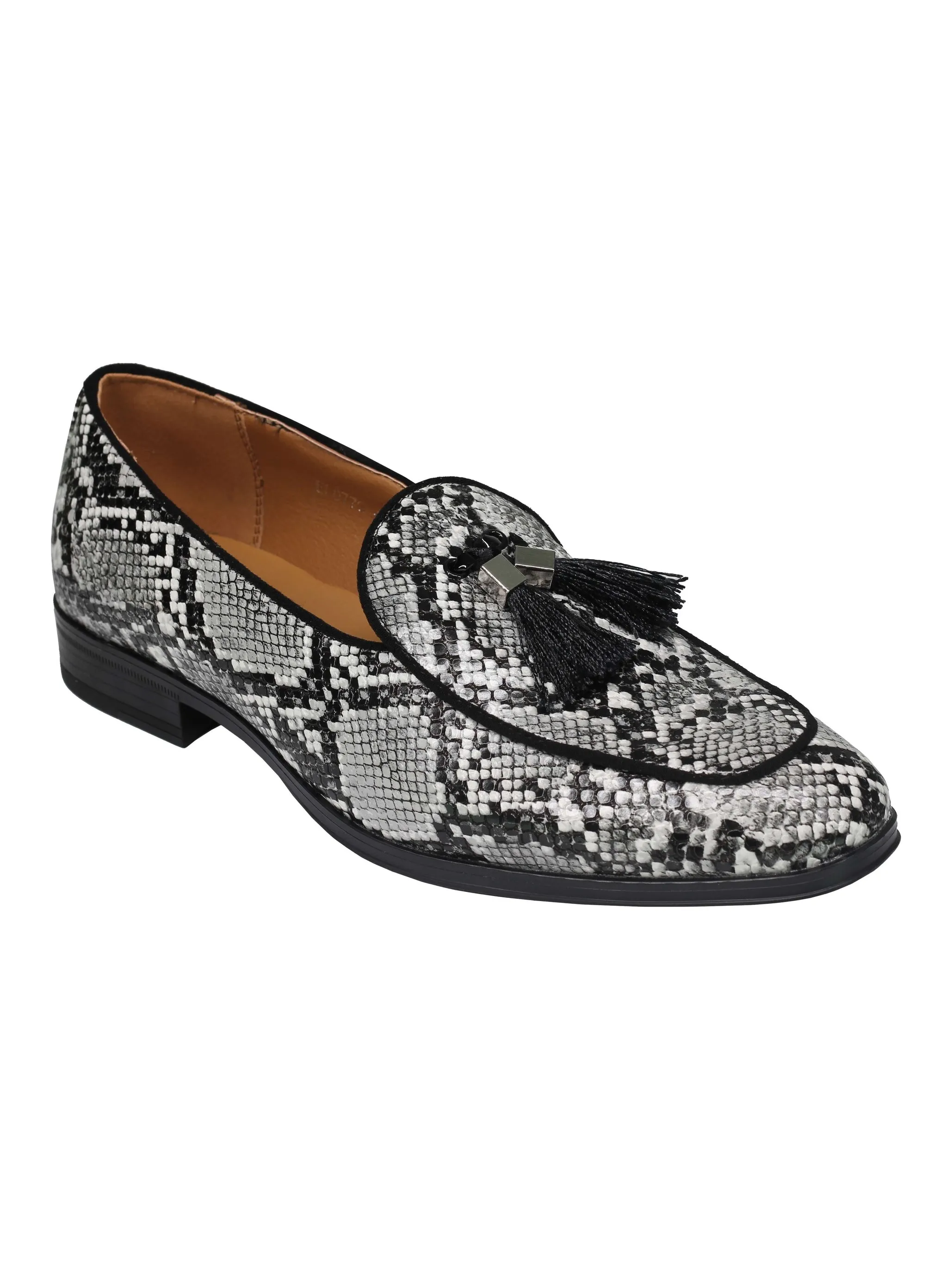 PRINTED EFFECT TASSEL LOAFERS IN BLACK WHITE