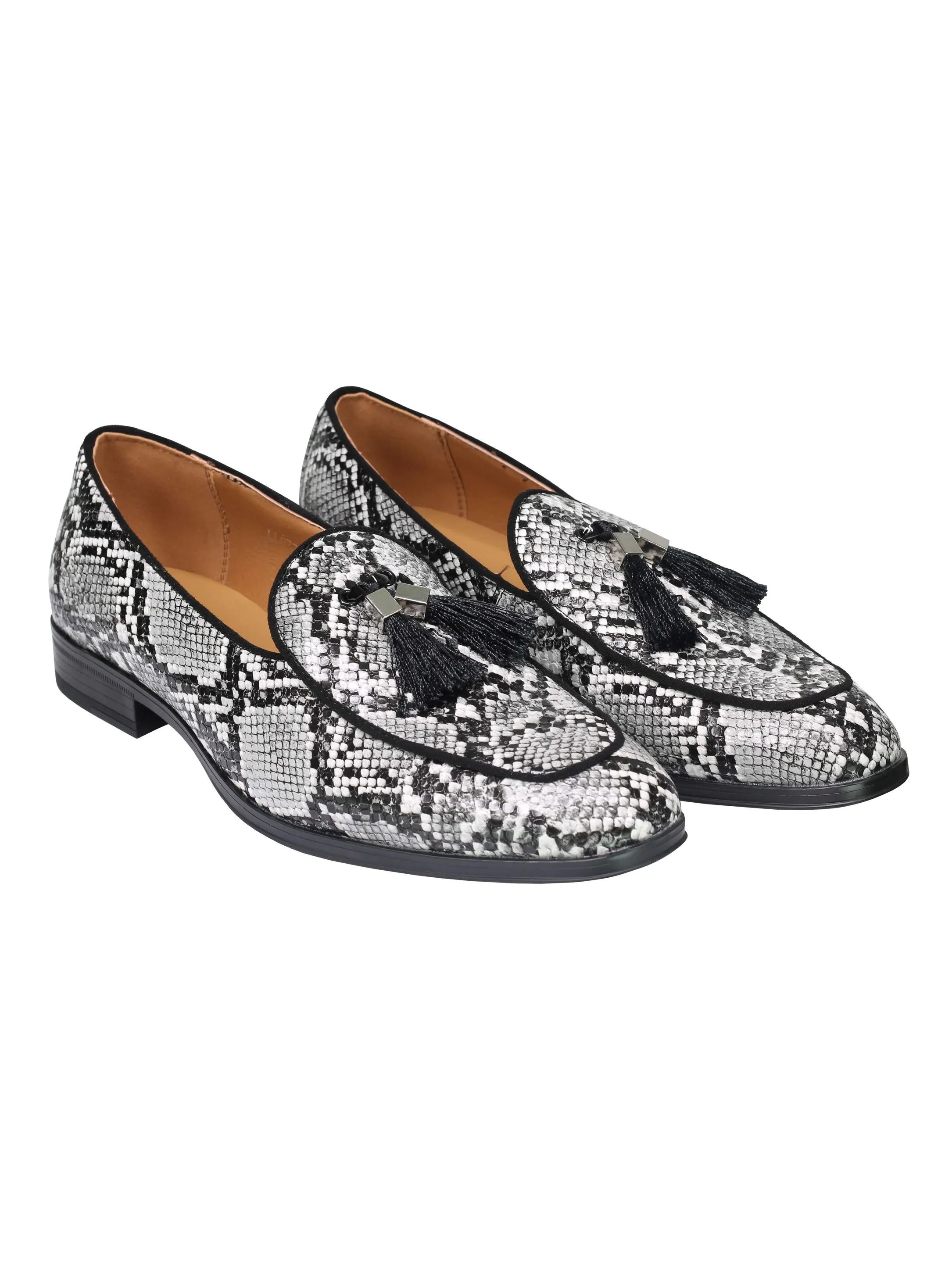 PRINTED EFFECT TASSEL LOAFERS IN BLACK WHITE