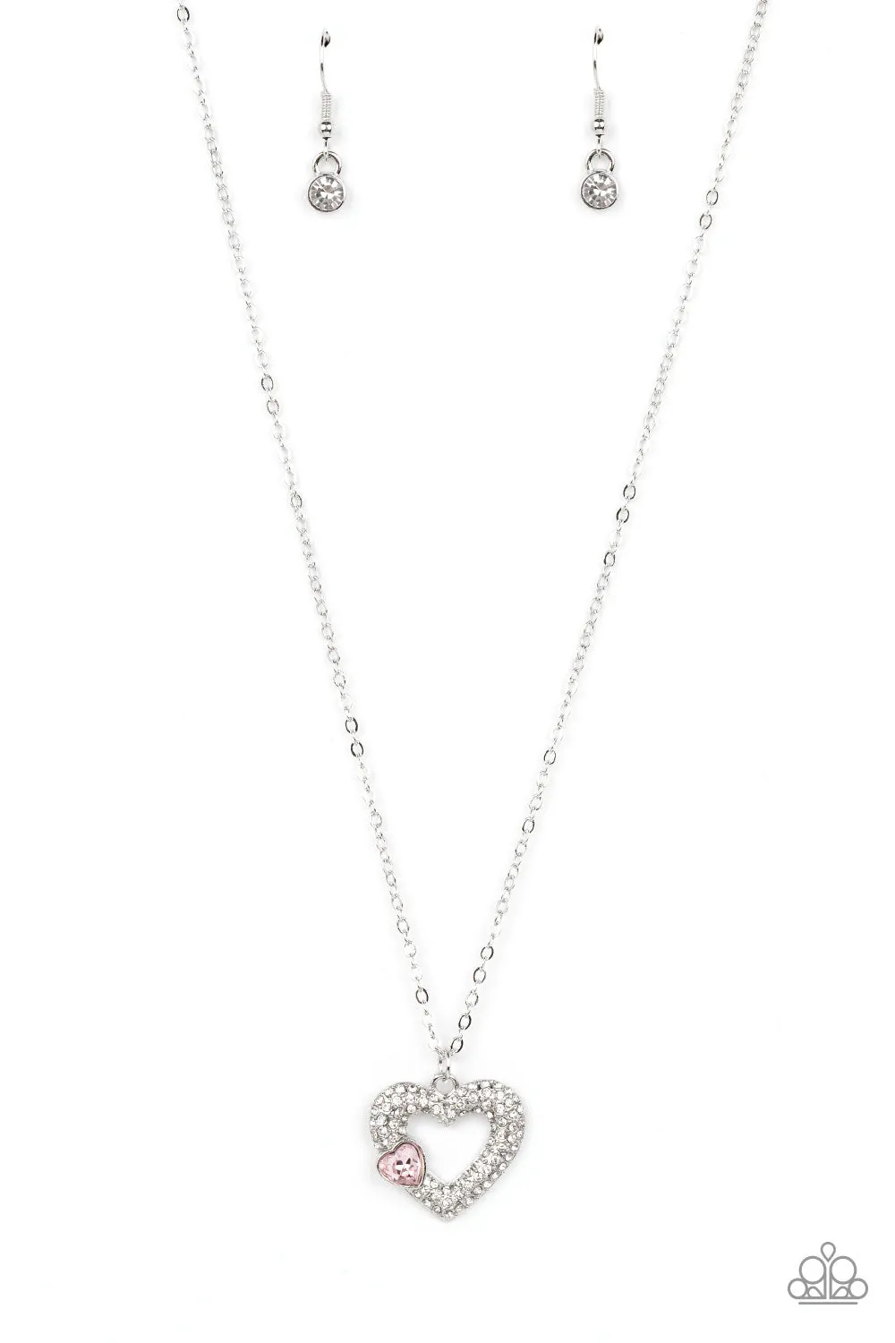 "Bedazzled Bliss" Silver Metal & Pink Rhinestone Double Heart Necklace Set