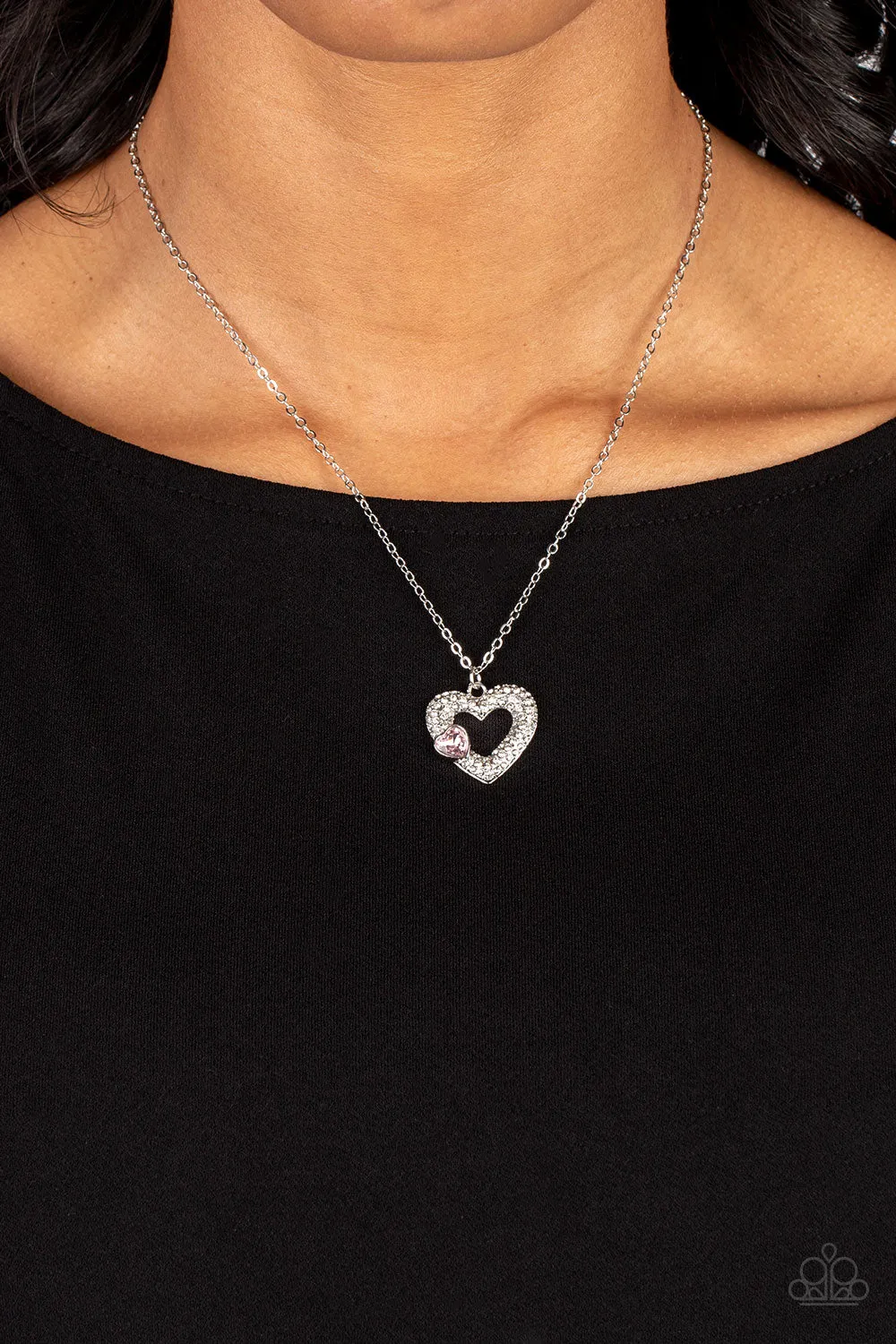 "Bedazzled Bliss" Silver Metal & Pink Rhinestone Double Heart Necklace Set
