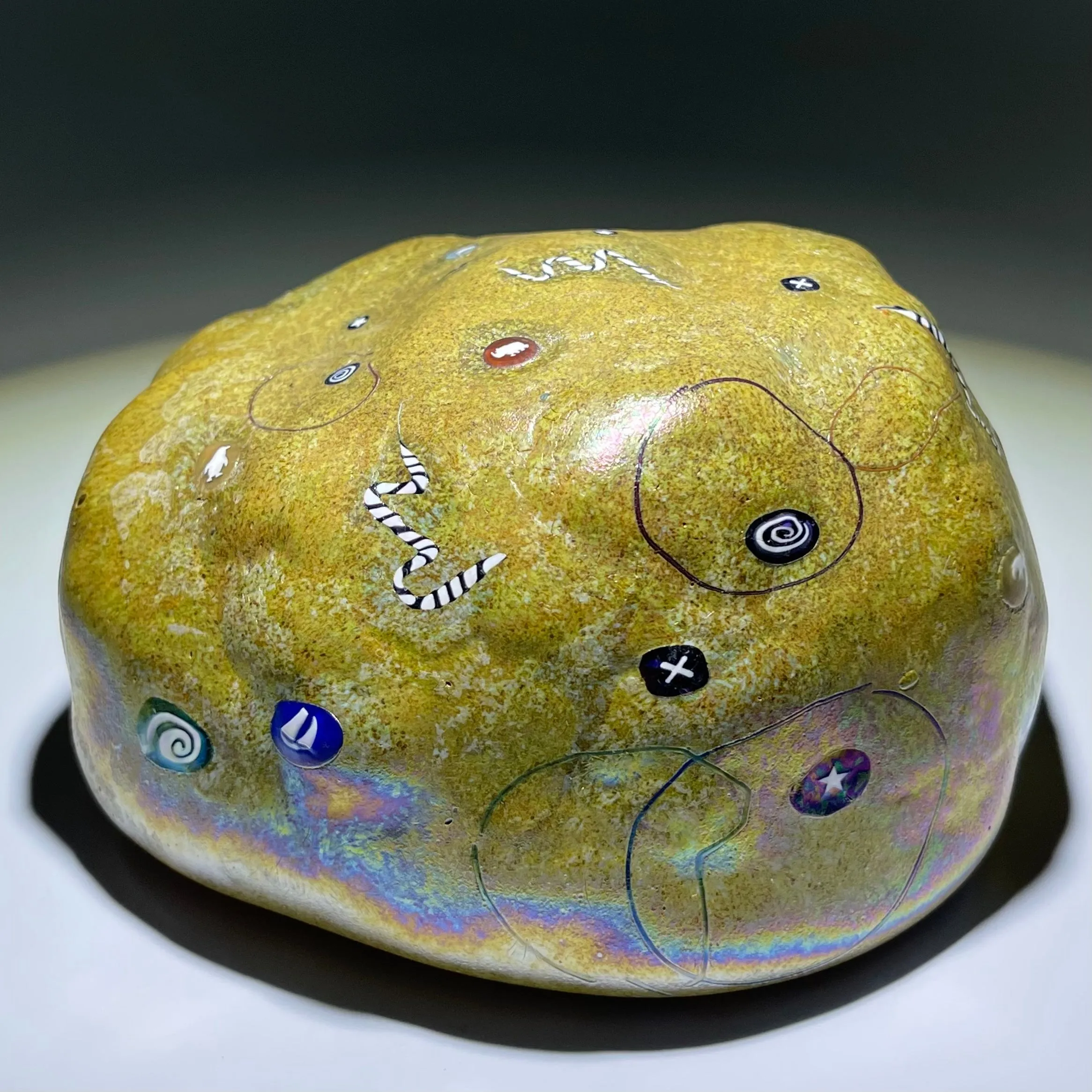 Rare Ro Purser & Richard Marquis 1986 Noble Effort Art Glass Paperweight Murrini on Iridescent Stone