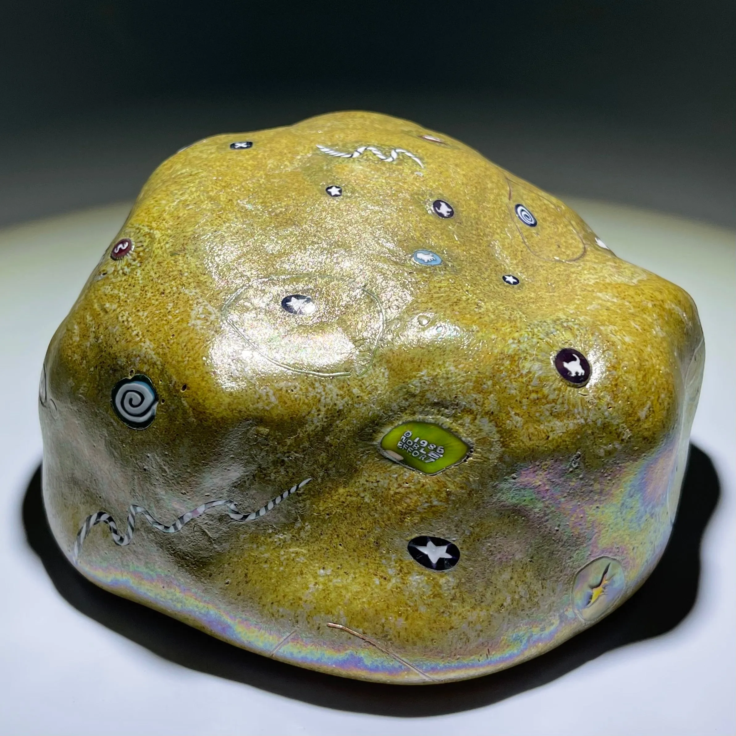 Rare Ro Purser & Richard Marquis 1986 Noble Effort Art Glass Paperweight Murrini on Iridescent Stone
