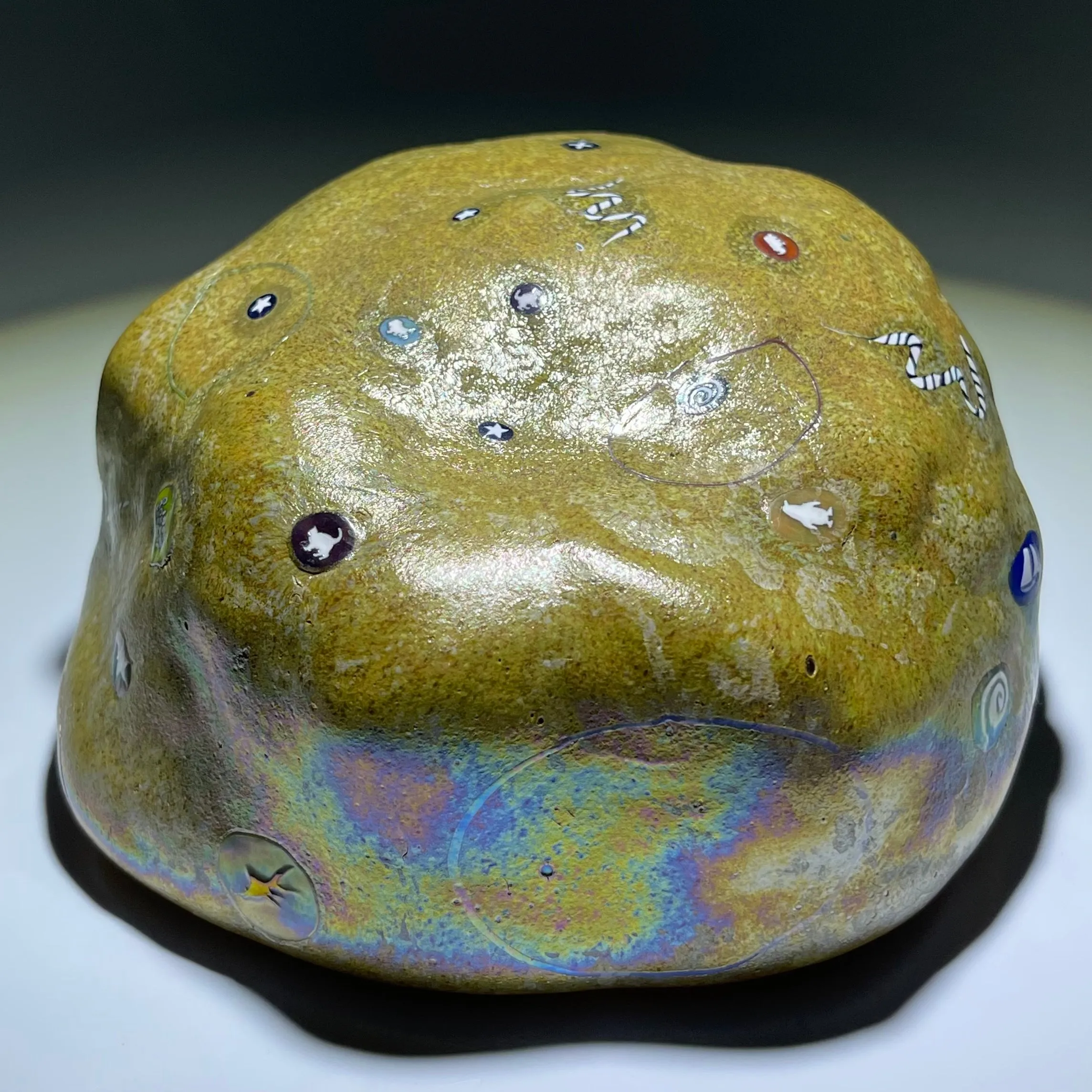 Rare Ro Purser & Richard Marquis 1986 Noble Effort Art Glass Paperweight Murrini on Iridescent Stone