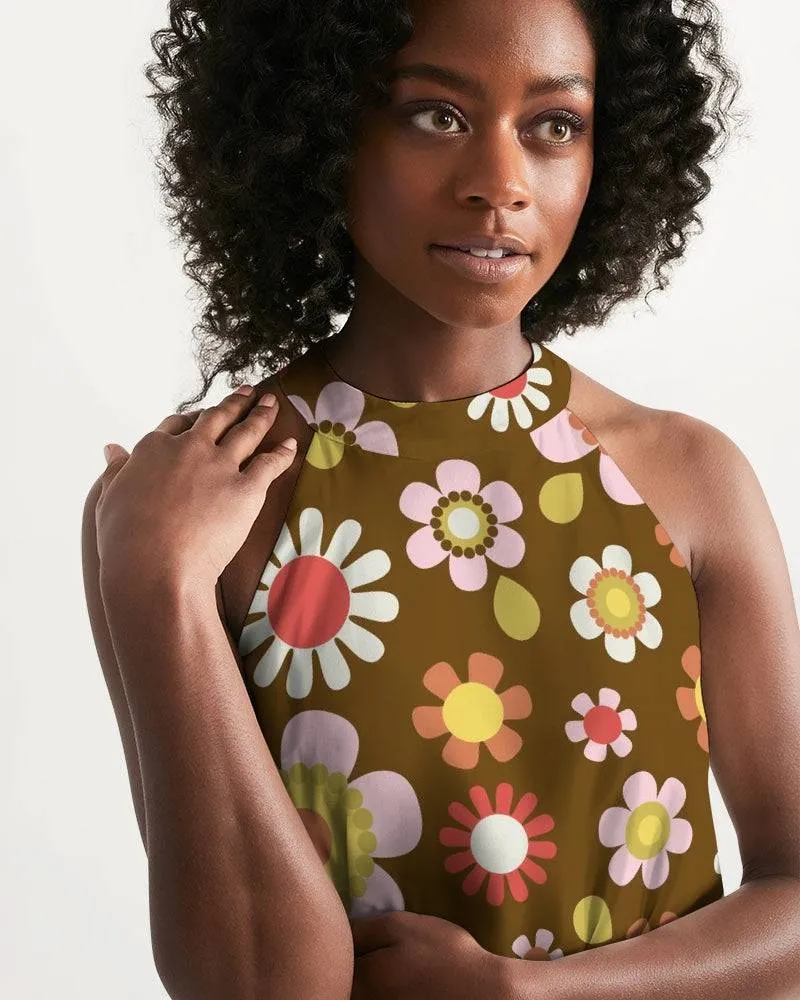 Retro Brown Daisy Mod Halter Dress