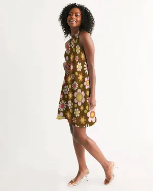 Retro Brown Daisy Mod Halter Dress